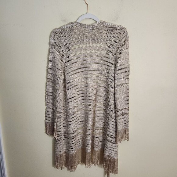 Inc International Gold Crochet Long Lines Fringe Open Cardigan Sweater Size M - Picture 5 of 8